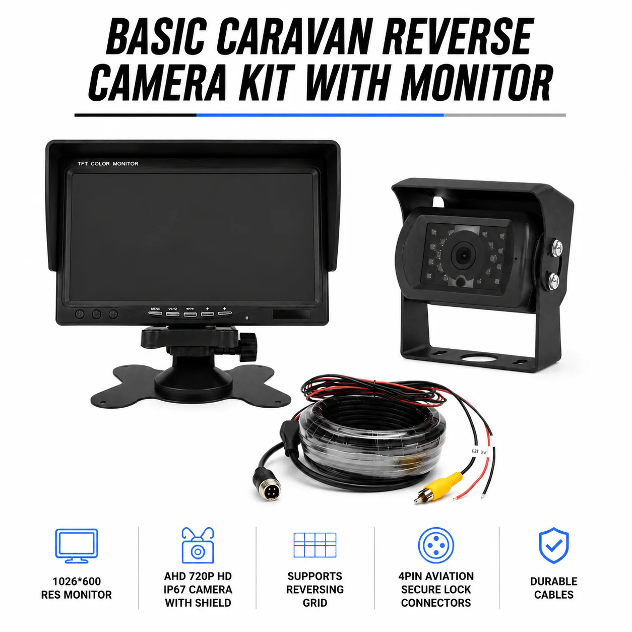 CJ INDUSTRIES Caravan Reverse Camera Kit with 7" HD Monitor and 720P AHD Camera
