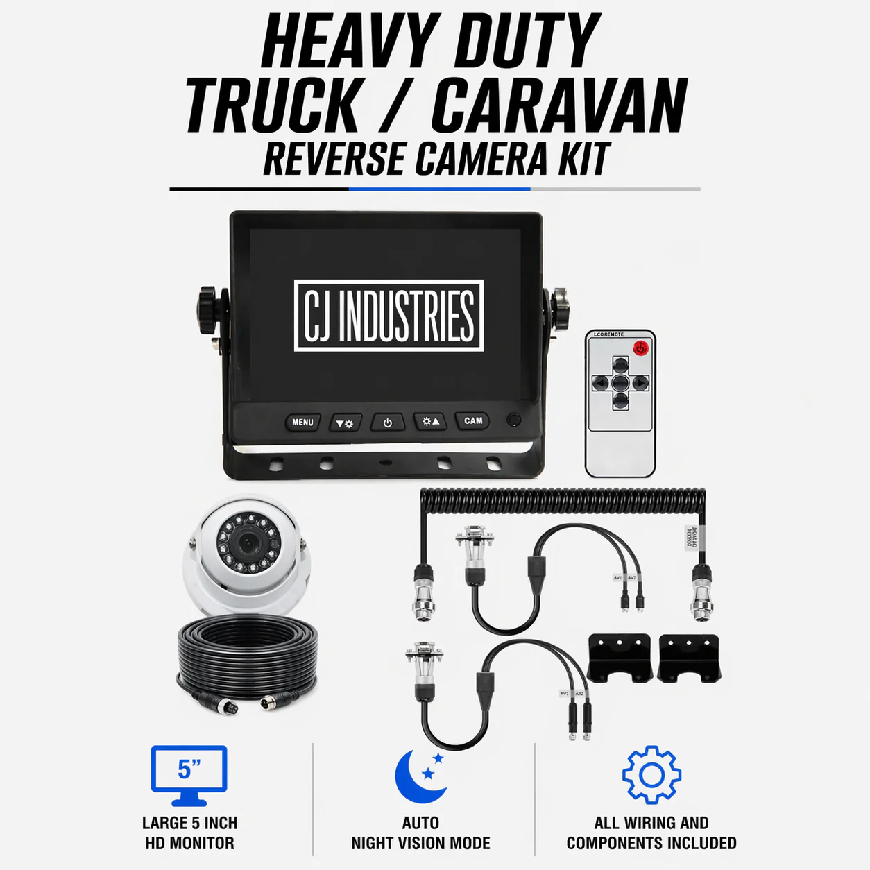 Heavy Duty Caravan / Truck Reverse Camera Kit with Monitor + Suzy Coil Quick Connect Kit